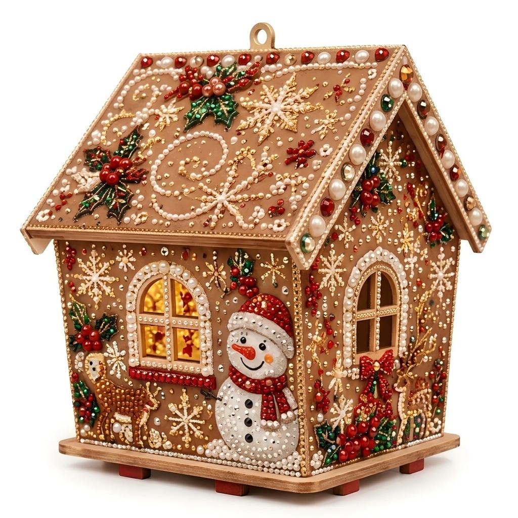 Plymagic DIY Pearl Art - Christmas Collection, 3D Wooden House Rhinestone Diamond Painting Kit with Pearl Beads