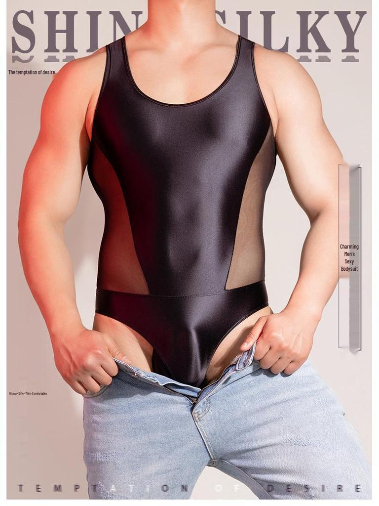 Мужской Прозрачный Эротический Боди без Рукавов - Блестящий, Высокоэластичный, Дышащий, Формирующий Мышцы