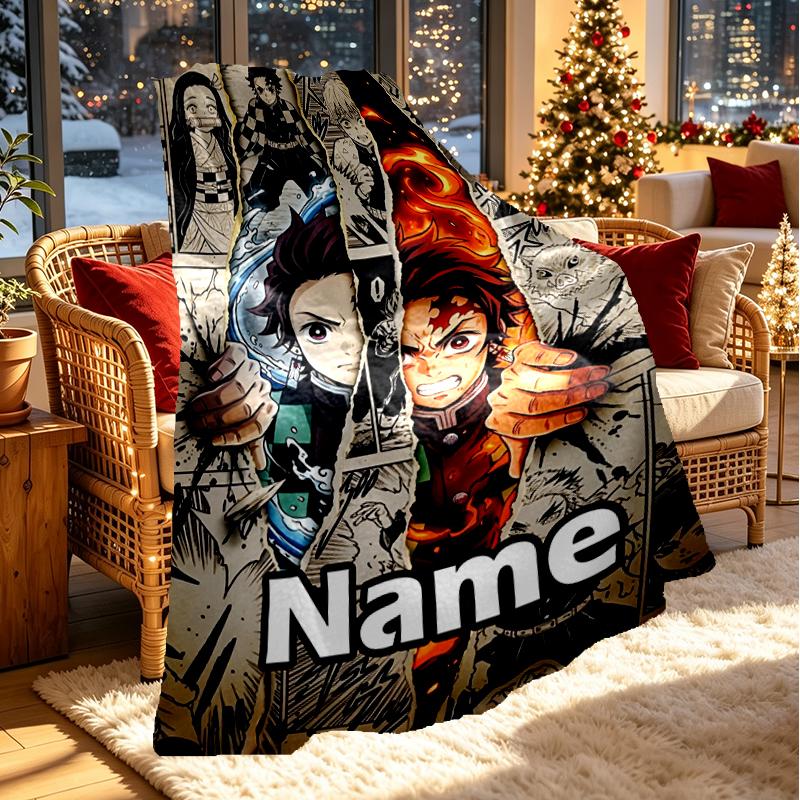 Custom Name Personalized Demon Slayer Print Blanket, Home Decor, Bedroom, Sofa, Camping, Couch, Gifts for Birthday Christmas