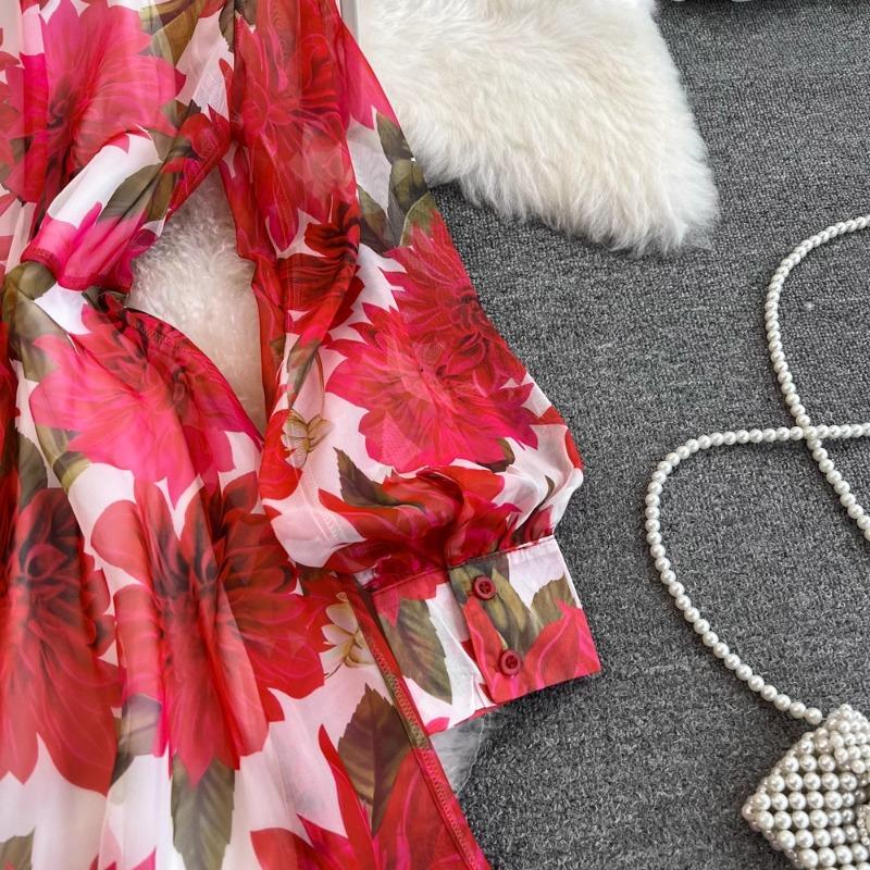 Платье-бретелька для отдыха, темперамент, шифон с цветочным принтом, Vestidos, женский халат с бандажным принтом, корейский повседневный офисный женский халат, Ropa Mujer