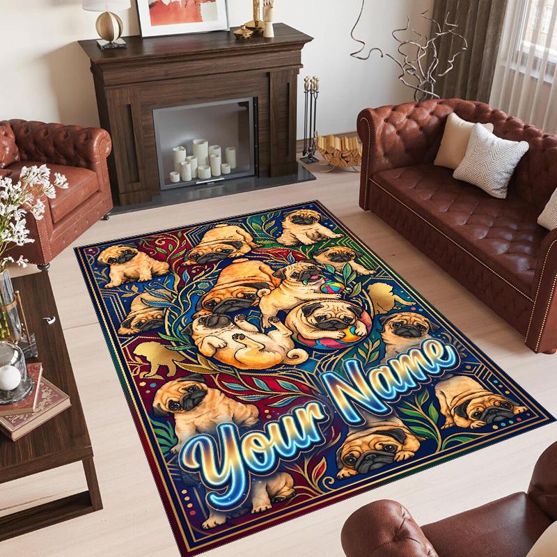Pug Theme Crystal Velvet Floor Rug Personalized Custom Name Text Warm Carpet Home Decoration