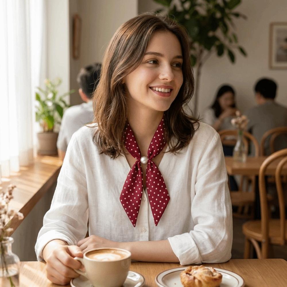 Beads Thin Polka Dot Neckerchief Pearl Collar Decor New Silk Scarf Necklace Women Daily Outfit