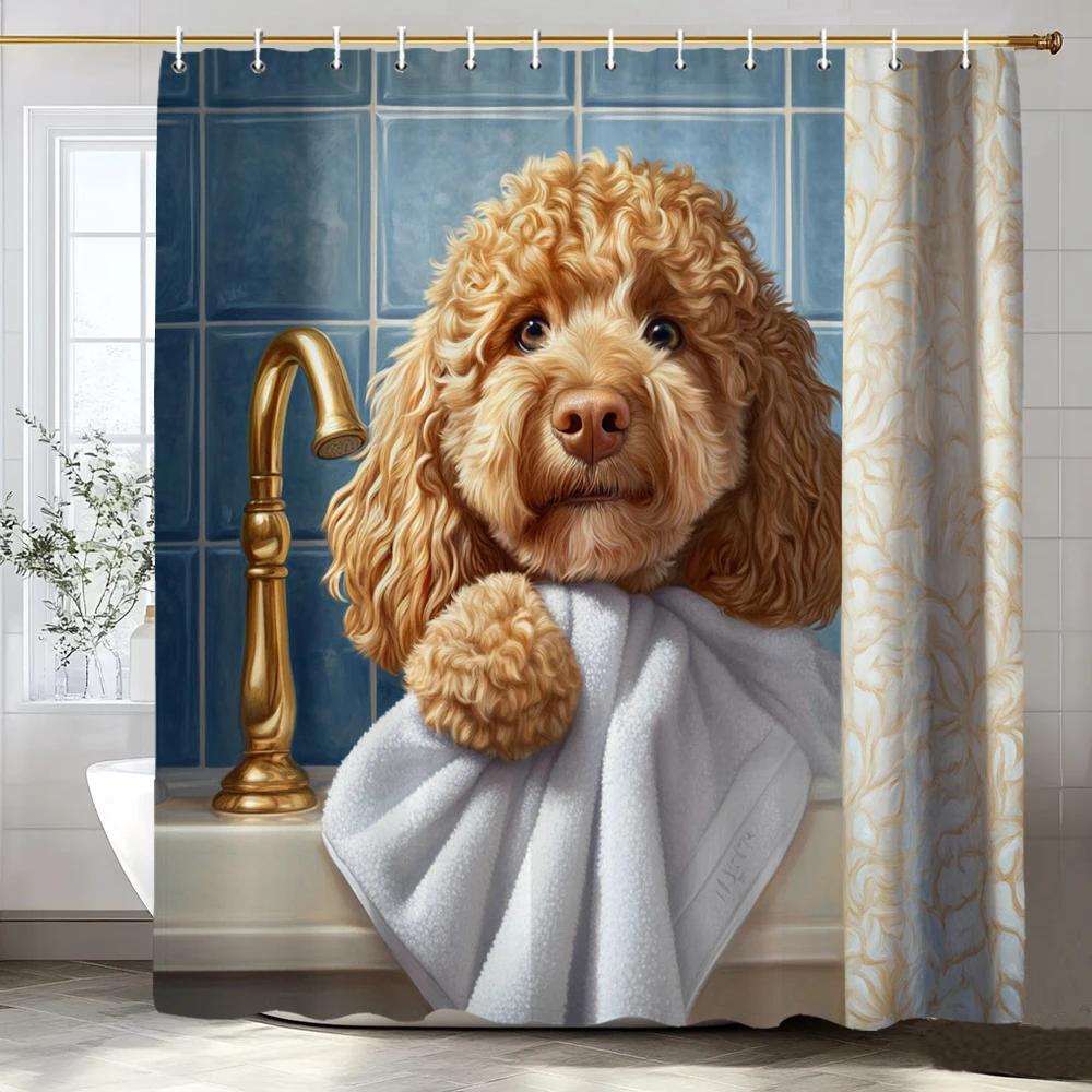 Cartoon Bathing Dog Print Shower Curtain, Polyester Shower Curtain Set with Hooks for Bathroom Decorative Shower Curtain
