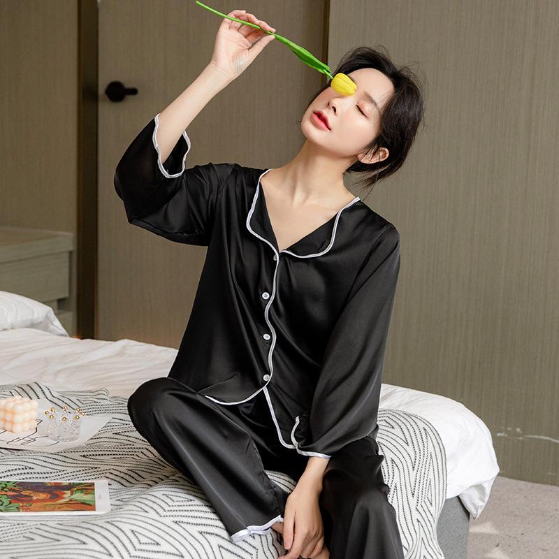 New Pajamas for Women Summer Thin Ice Silk Sweet Long-sleeved Trousers Two-piece Set High Quality Pajamas Set