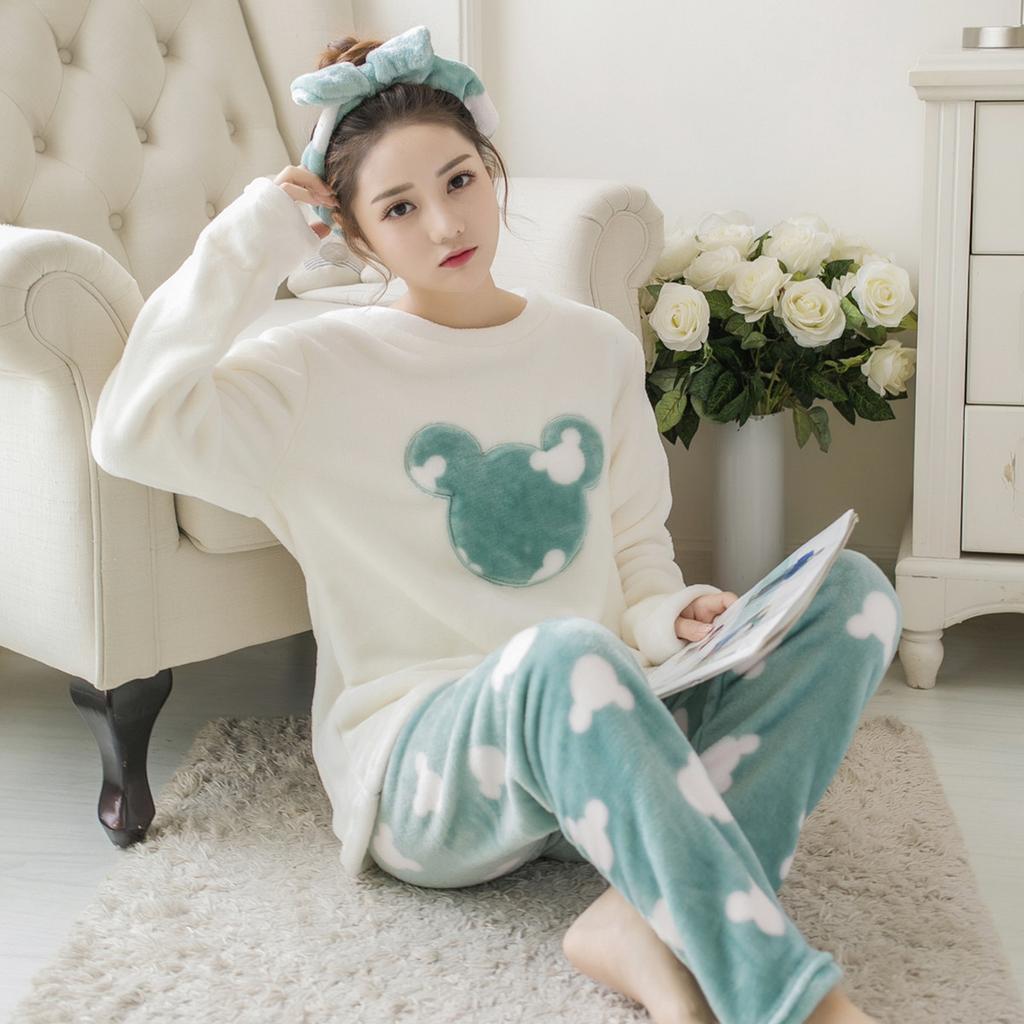 Women's Long-sleeved Flannel Pajamas Set Spring Autumn Cartoon Sleepwear Thickened Warm Printing Plush Cute Sleeping Suit Set