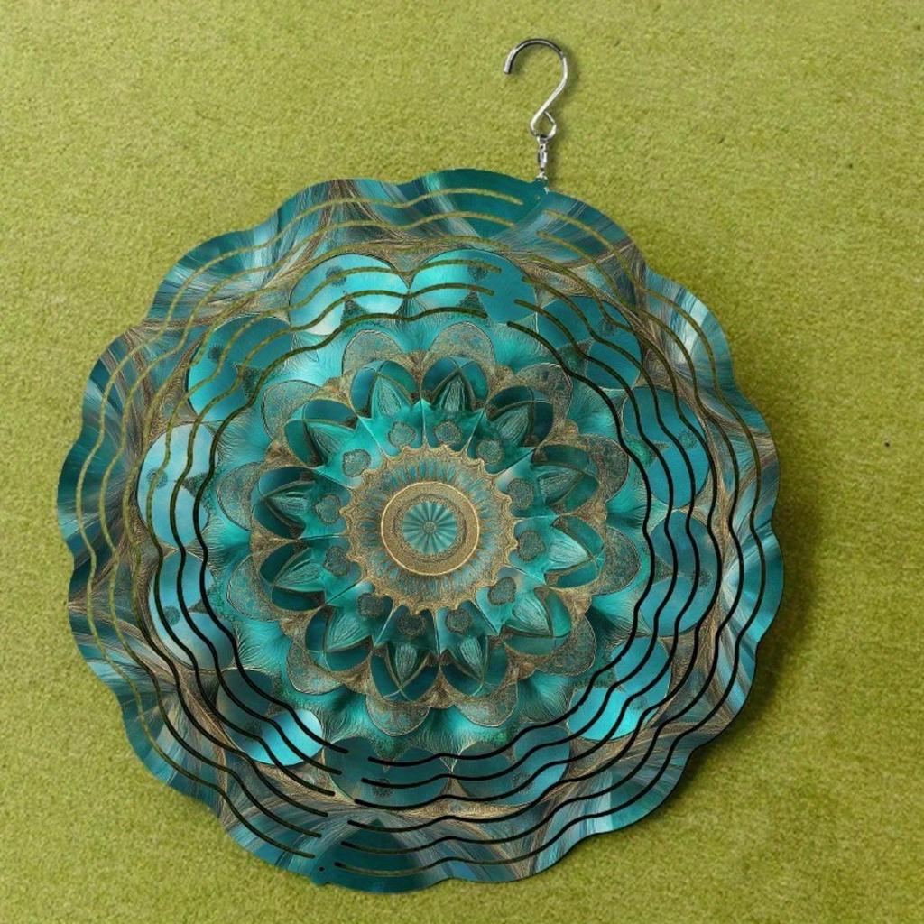 Hanging Wind Spinner with Intricate Mandala Design – Teal Blue & Golden Metal Art Chime for Balcony, Lawn, or Garden Decor, 360° Rotating Hook