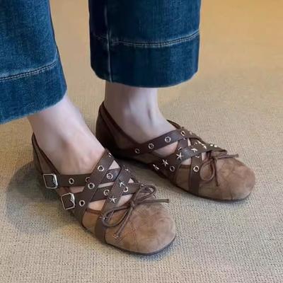 Версия из мягкой кожи~ Мэри Джейн с крестообразным матовым кожаным бантом, женские ретро спортивные балетки на плоской подошве, одинарная обувь