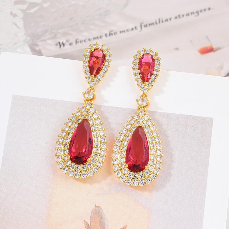 Atmospheric Rose Red Water Drop Earrings Exaggerated Women'S Stud Earrings High-End Temperament Luxury Zircon Earrings
