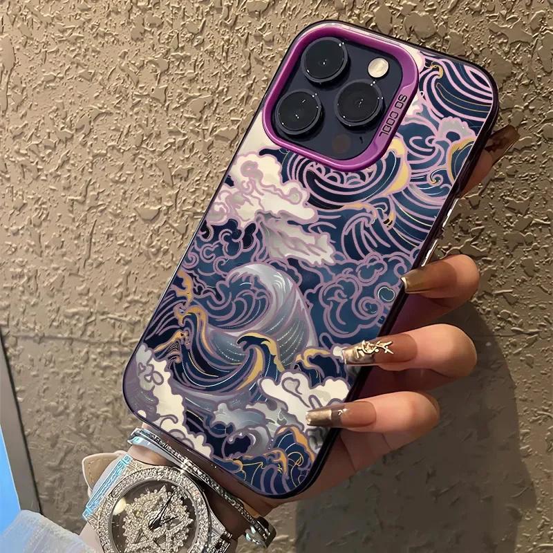 Чехол для телефона в японском стиле с принтом волн для серий iPhone 17 16 15 14 13 12 11 Pro Max Plus Двойная защита
