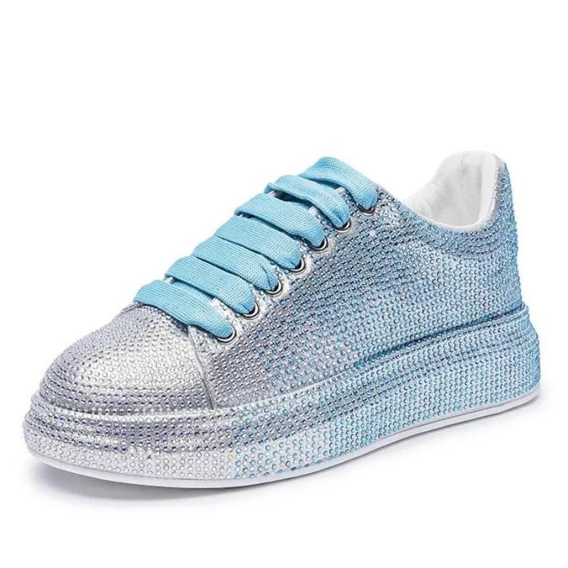 Мода 2025 Осень Кожа Женская Обувь Новый Стиль Мода Розовые Туфли на Платформе Ins Кроссовки на Платформе Прилив Блеск Стразы Обувь