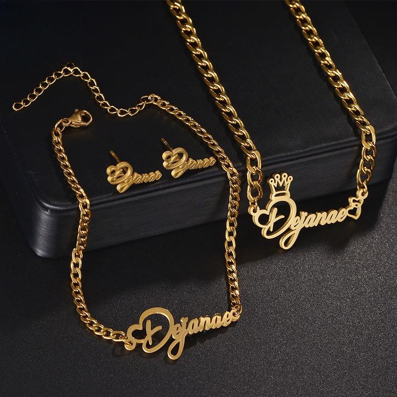 Custom Stainless Steel Letter Necklace Bracelet Stud Earrings Personalized Cutting Simple Style English Name Jewelry Set