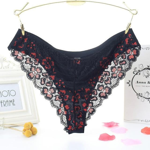Sexy Printed Panties Women Lace Low-Rise Briefs Breathable Embroidered Underwear Transparent Thong