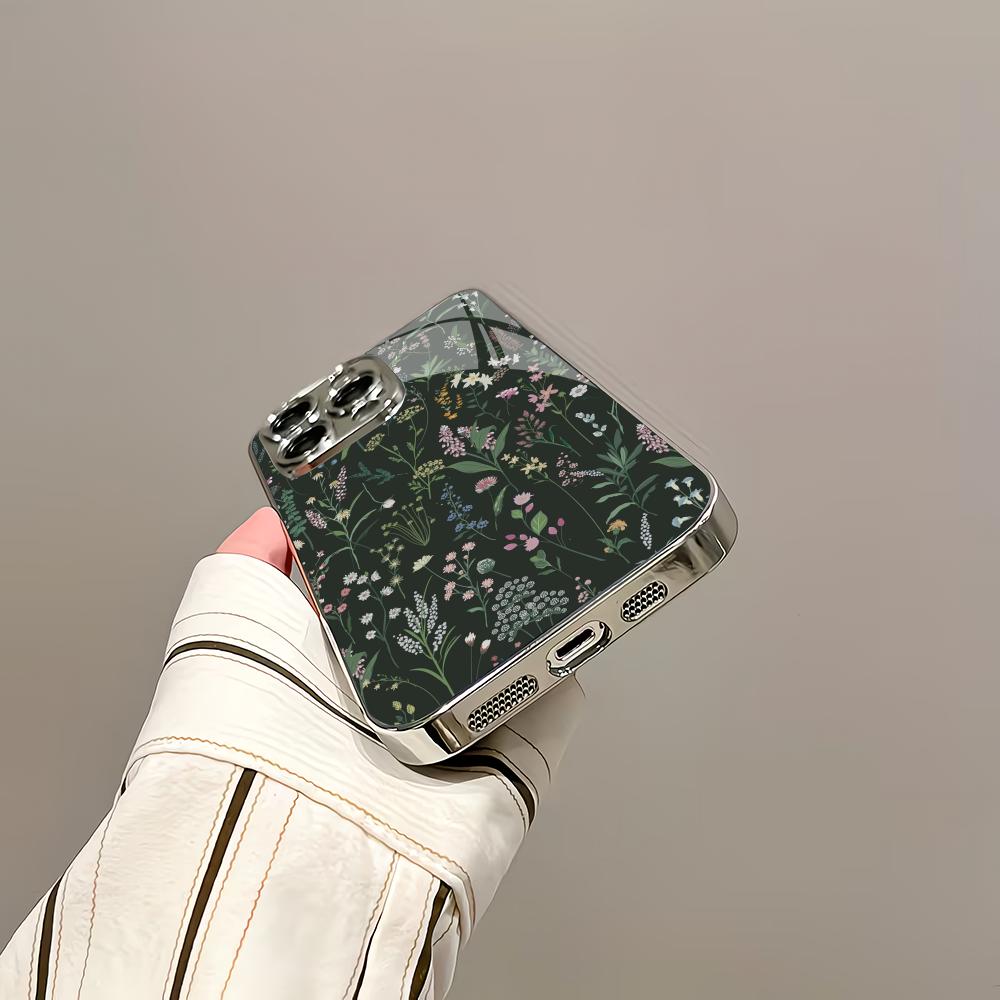 Green floral plant silver plated glass phone case suitable for iPhone 17 16 15 14 13 12 11 Pro/Max/Plus scratch resistant