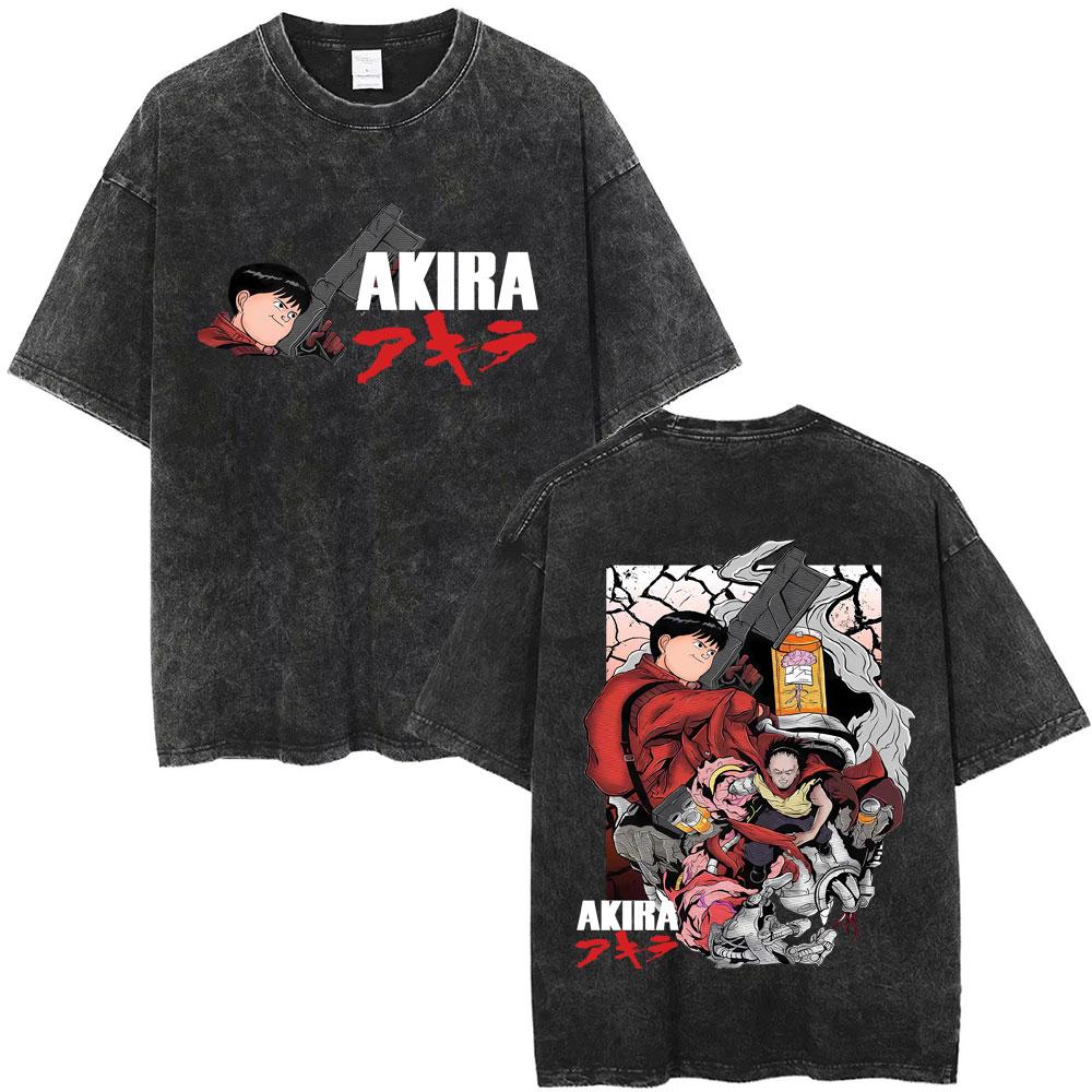 Anime Akira Vintage Washed T Shirt Japanese Science Fiction Cartoon Movie Shotaro Kaneda Manga Casual Cotton Tshirts Streetwear