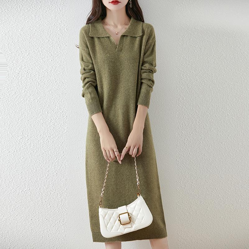 Женское платье-свитер 100% шерсть MODERN NEW SAGA V-образный вырез трикотажный длинный пуловер воротник поло зимние джемперы шерстяное длинное платье женское