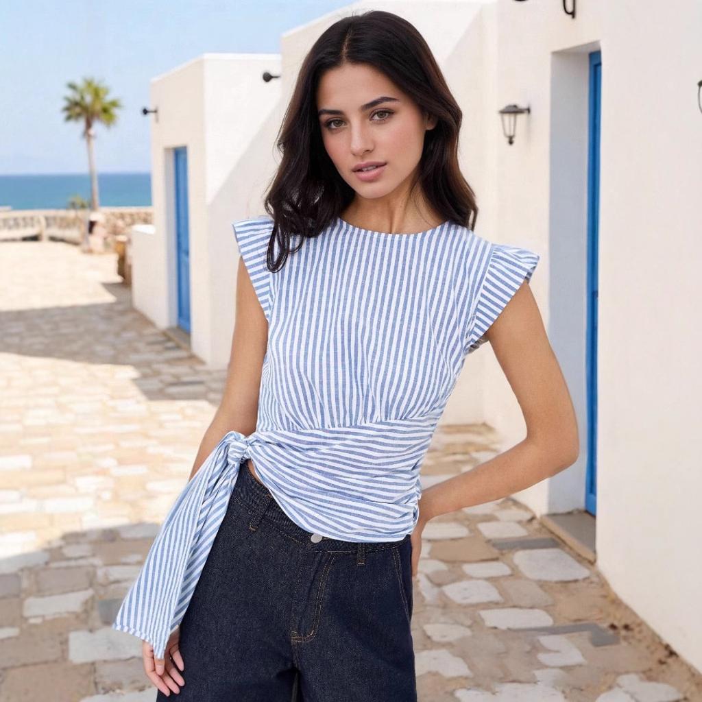 European and American temperament elegant and chic striped round neck sleeveless waist slim-fitting temperament short women's top