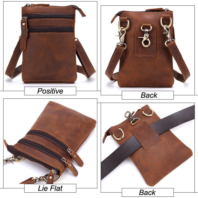 Men's Genuine Leather Crossbody Bag - Handmade Crazy Horse Shoulder Bag & Multifunctional Waist Belt Pouch for Phone.