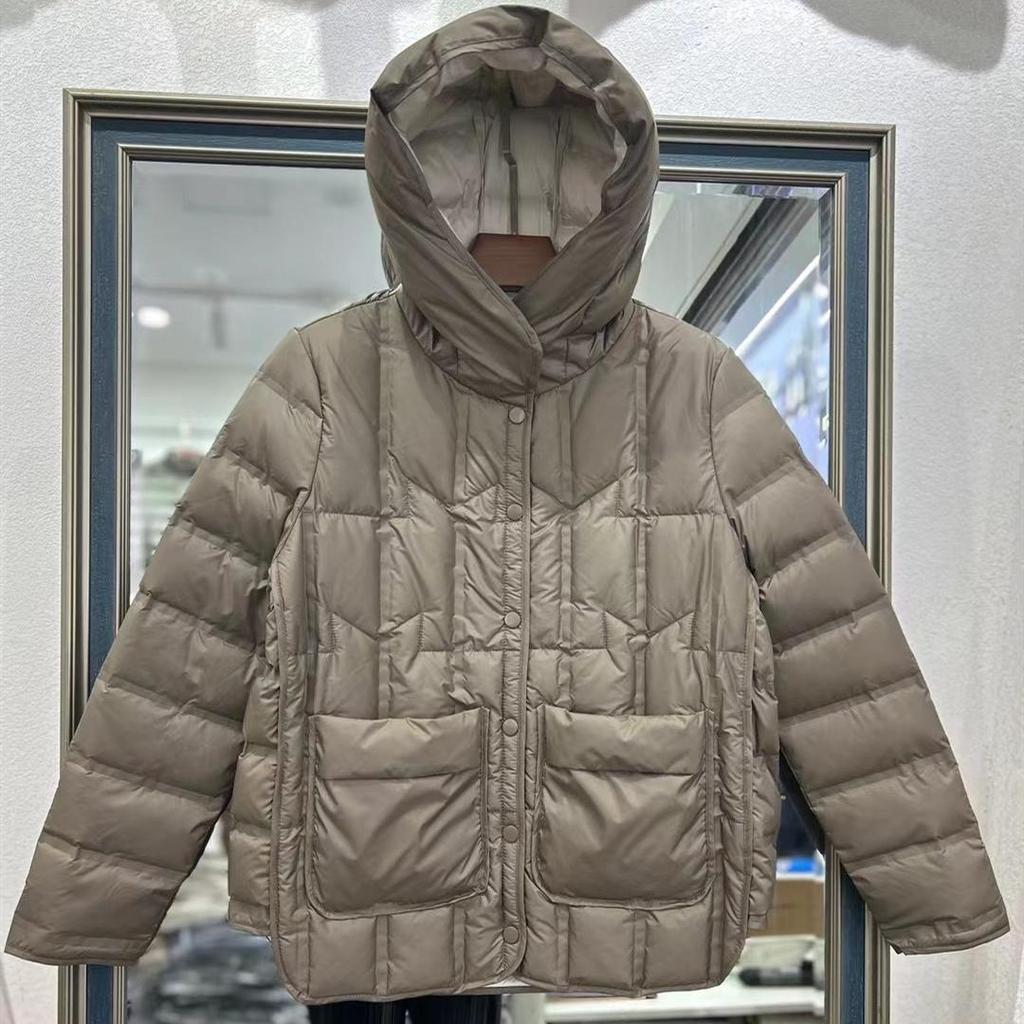 Light Down Jacket Women's Short Hooded Single Breasted Loose Straight Tube Autumn Winter White Duck Down Coat