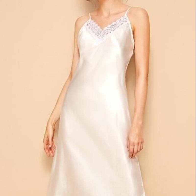 Шелковая кружевная ночная рубашка на бретельках, женская однотонная корейская элегантная ночная рубашка с v-образным вырезом, классическая базовая летняя удобная домашняя одежда, шикарная