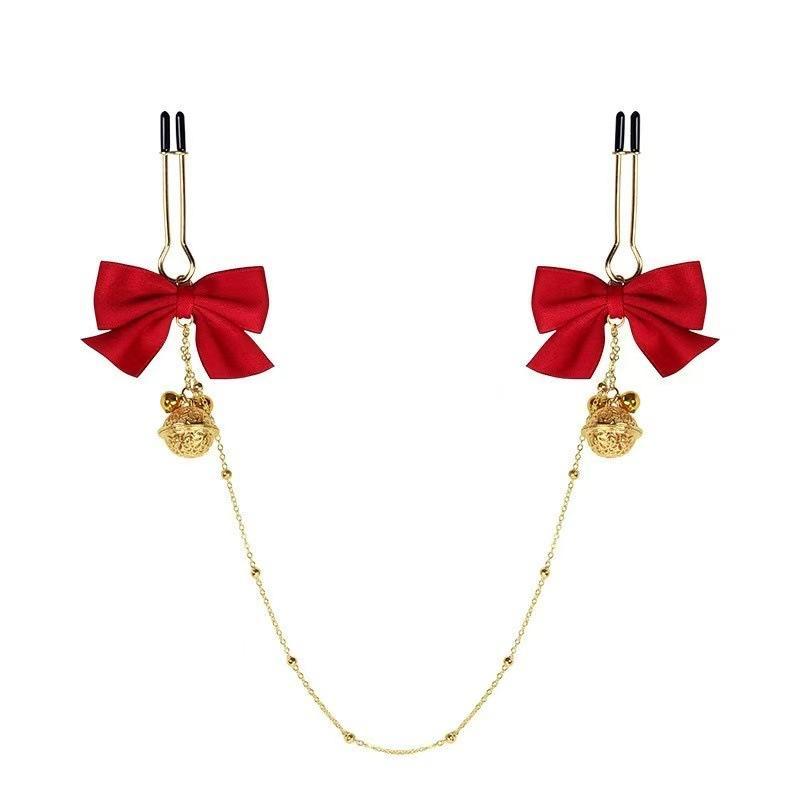 [TG823]Nipple Clamps Black Red Purple Satin Bow Gold Chain Jingle Bells For Intimate Play Cosplay Lingerie Wear