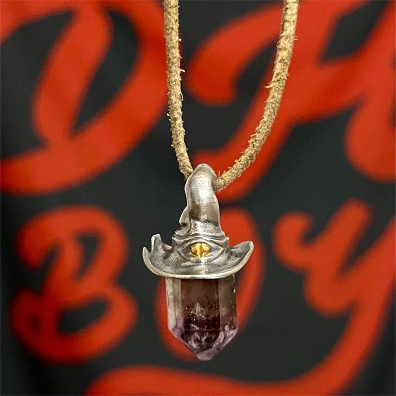 Yuji Retro Style Natural Amethyst Hexagonal Column Witch Hat Pendant, Niche Unique Simple Pendant