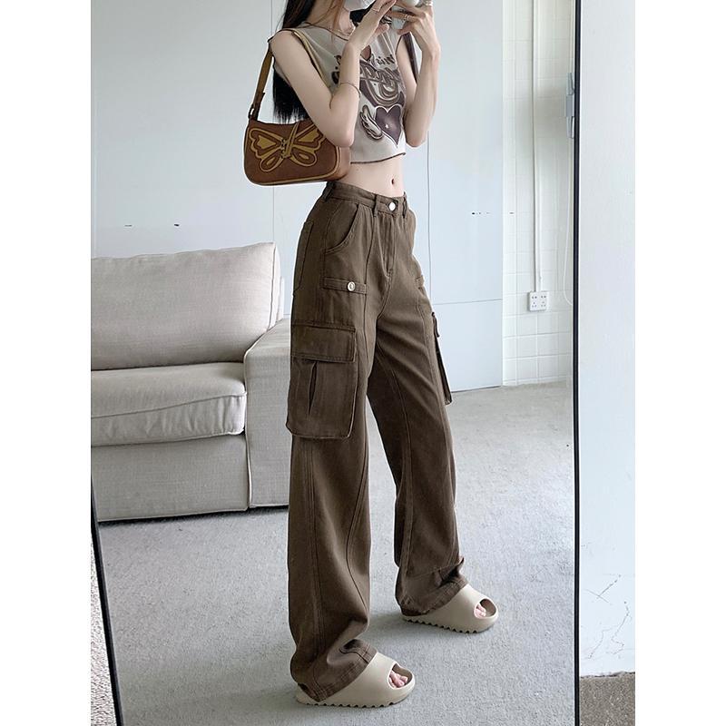Прямые джинсы-карго женские осенние повседневные винтажные джинсовые брюки с высокой талией корейский дизайн мешковатые брюки широкие брюки Y2k стиль