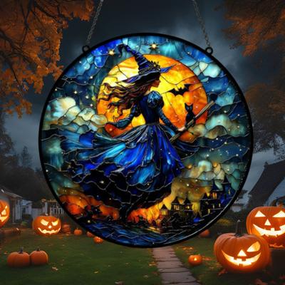 10/15/25 см Хэллоуин Ведьма Ловец Солнца Подвесное Украшение Черный Кот Летучая Мышь Луна Ведьма Витражное Акриловое Настенное Оконное Подвесное Украшение Табличка