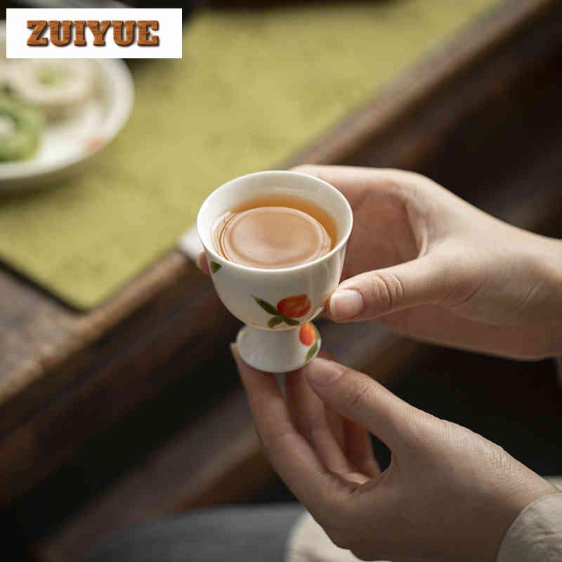 2pc/lot Hand-painted Peach High Foot Teacup Elegant Tea Bowl Jug Tea-tasting Fragrance Cup Chazhan Master Cups Tea Items 70ml