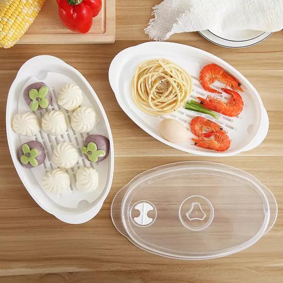 Steamed Fish Plate with Transparent Cover Microwaveable Fish Steamer Pan Cooking Dish for Home Kitchen