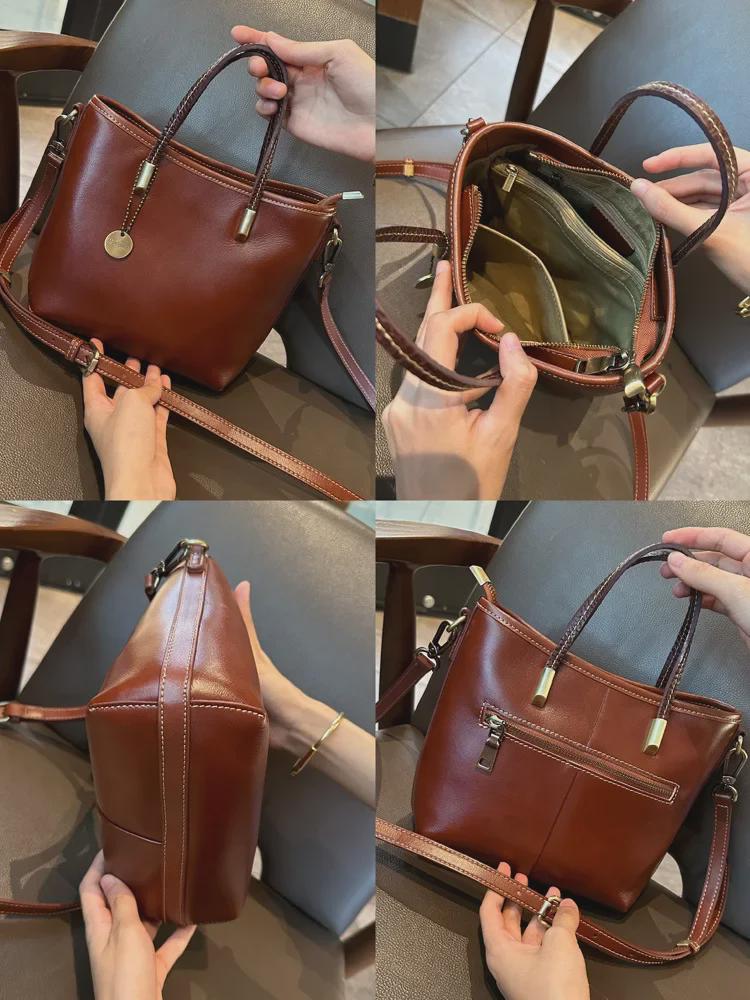 Женская ретро-сумка через плечо из натуральной кожи - модная сумка-ведро из коровьей кожи растительного дубления