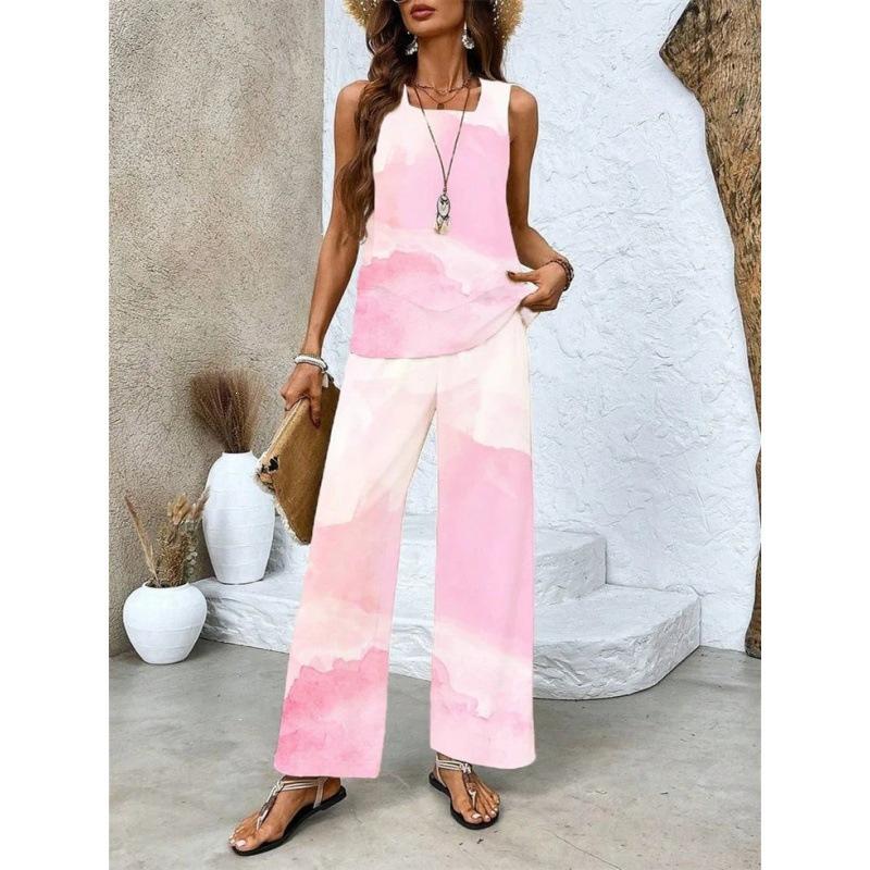 New in-stock European and American women's best-selling sleeveless double-layer tank pants set T-shirt