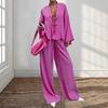 2 шт./компл., женская рубашка, брюки, комплект, кардиган на шнуровке, блузка с длинными рукавами, широкие брюки, полная длина, домашняя одежда, повседневный наряд, пижамный костюм