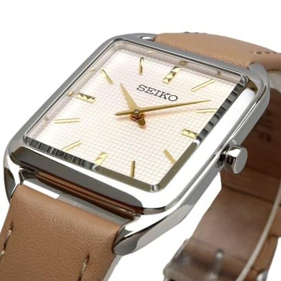 SEIKO кварцевые наручные часы женские квадратный дизайн SWR089P1 серебристый бежевый кожаный ремешок