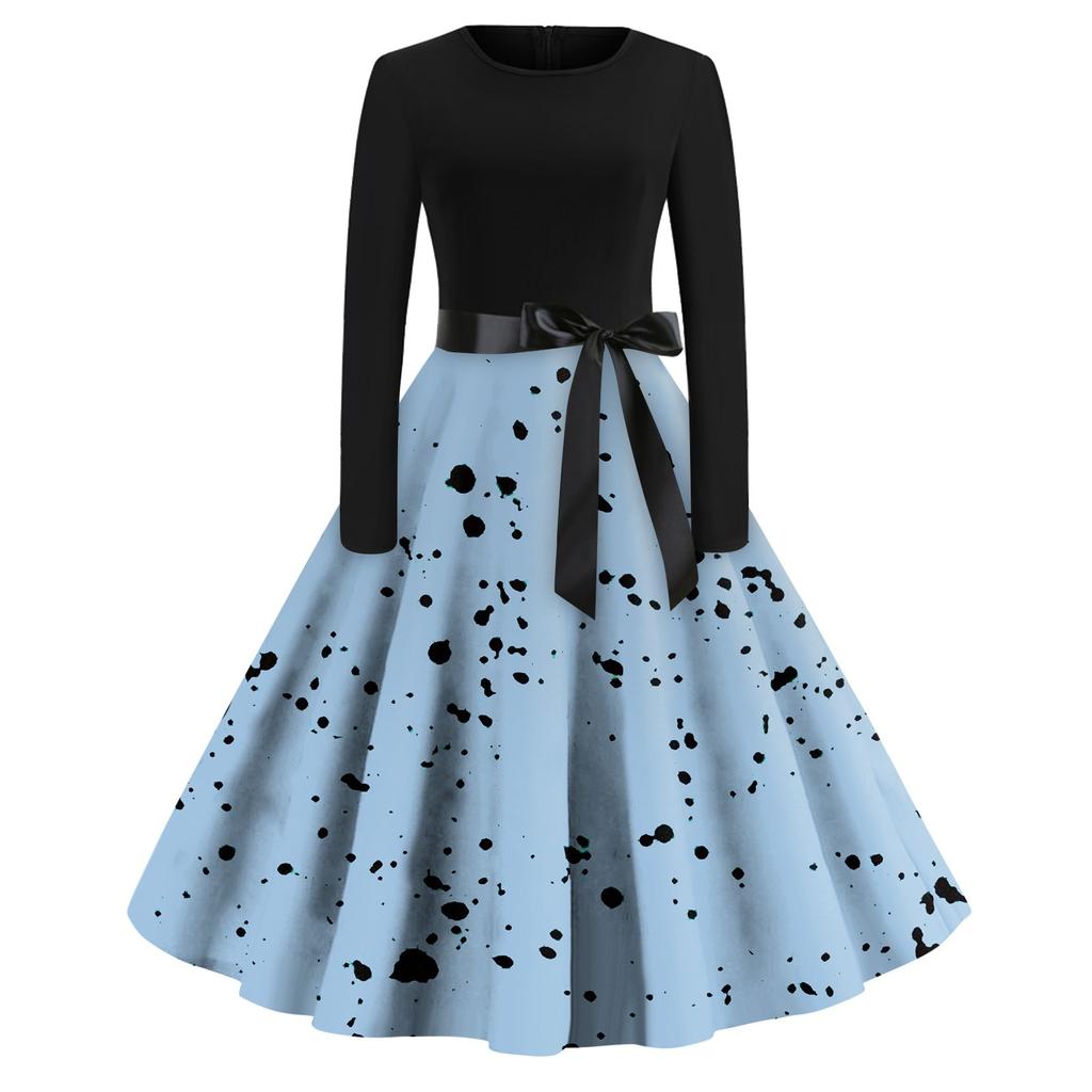 Women's Casual And Fashionable Long Sleeved R-neck Polka DotPrint Dress