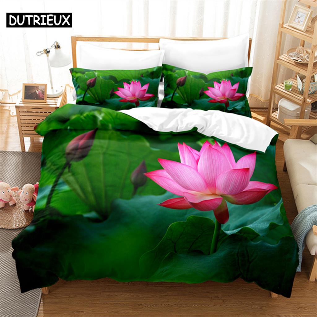 Розовый лотос Королевский комплект постельного белья Зеленый пододеяльник Детское постельное белье Цифровая печать Постельное белье Пододеяльник King Size Комплект постельного белья