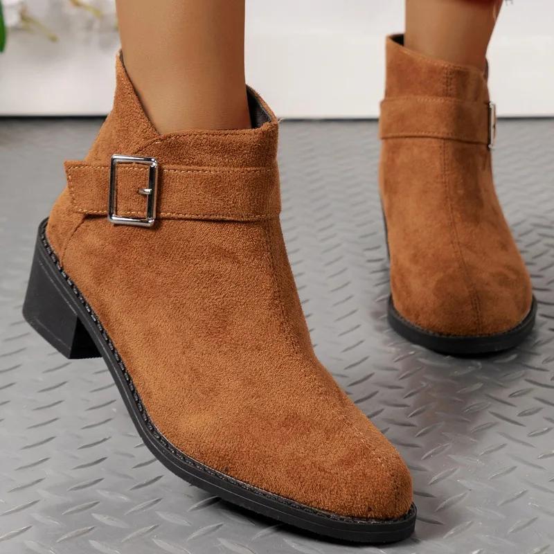 Women's Shoes Belt Buckle Women's Boots Fashionable Back Zipper Modern Boots Women's Sexy Pointed Toe Square Heel Ankle Boots