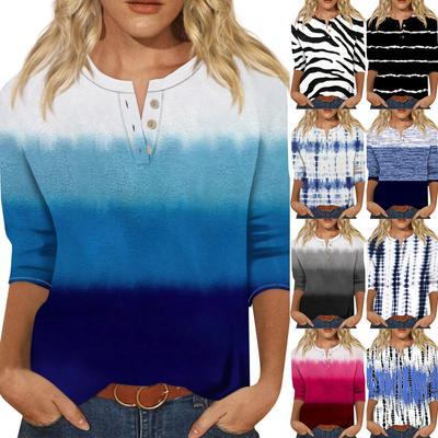 Женская модная футболка, повседневная футболка с v-образным вырезом и пуговицами до плеч, рукав семь четвертей, топ