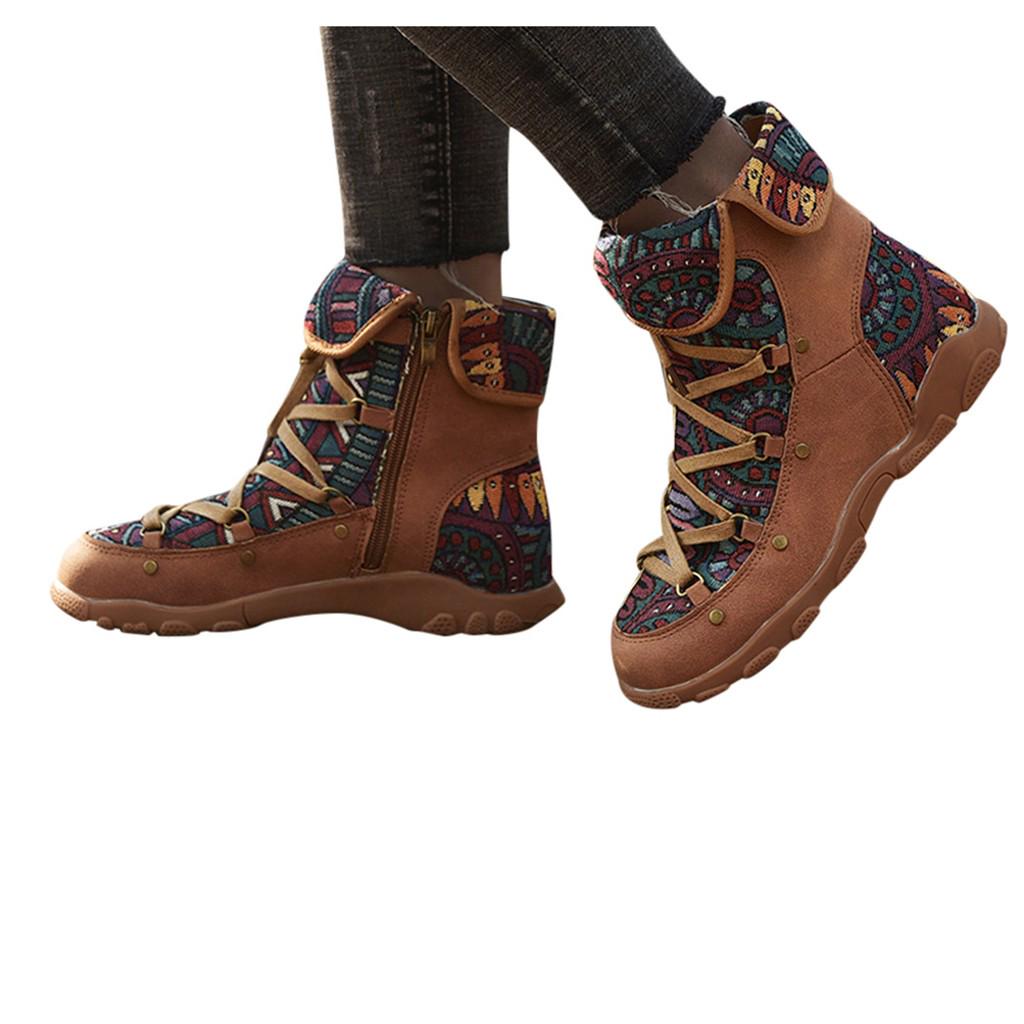Retro Style Women Embroidery Flat Zipper Keep Warm Short Boot Round Toe Shoes