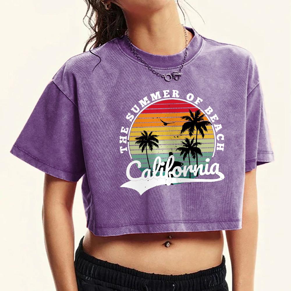 The Summer Of Beach California Cocoa Palm Printed Women Washed T-Shirts Retro O-Neck Tee Shirt Cotton T Shirt Top