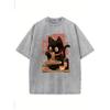 High Quality Pure Cotton Retro Washed Cat Noodle Pattern T-shirt Summer Outfit Round Neck Short Sleeved