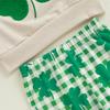 Toddler Girls Irish Day Outfits Clover Embroidery Long Sleeve Sweatshirt and Clover Plaid Elastic Flare Pants Set
