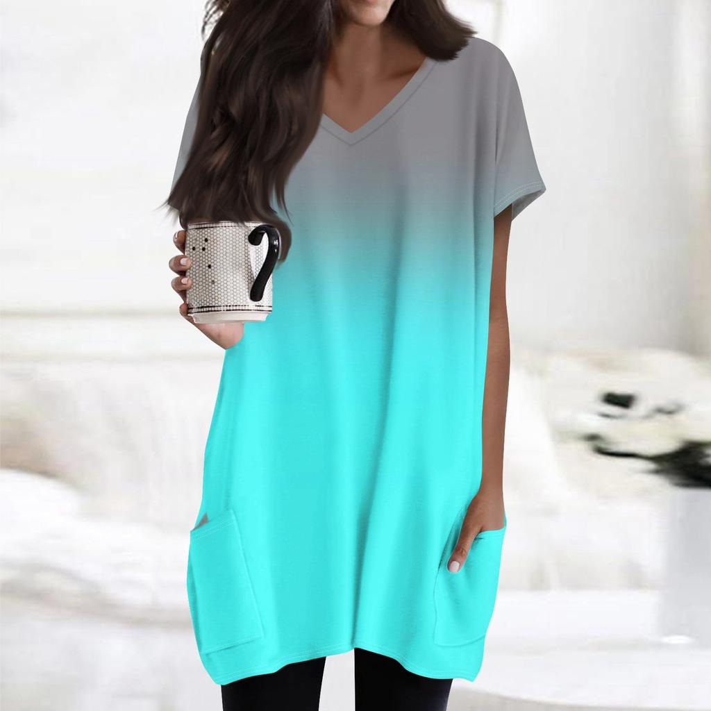 Женские топы с V-образным вырезом, блузки с коротким рукавом, повседневные рубашки средней длины, модные туники с принтом и карманами