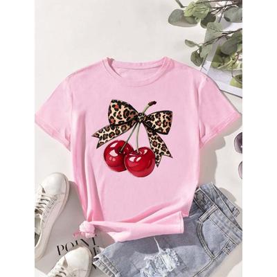Модная женская футболка с принтом вишни, с коротким рукавом, с круглым вырезом, повседневные топы на лето, весну, женская одежда, топы, футболки