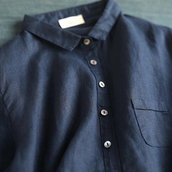 Women Shirt Turn-down Collar Long Sleeve Pullover Tops Buttons Half Placket Patch Pockets Casual Tops Solid Color Loose Fit Shirt