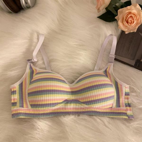 Winter Colorful Autumn Striped Sweet Bra Wirefree Pushup Cup Side Boob Control Shaping Hot Girl Backless Underwear