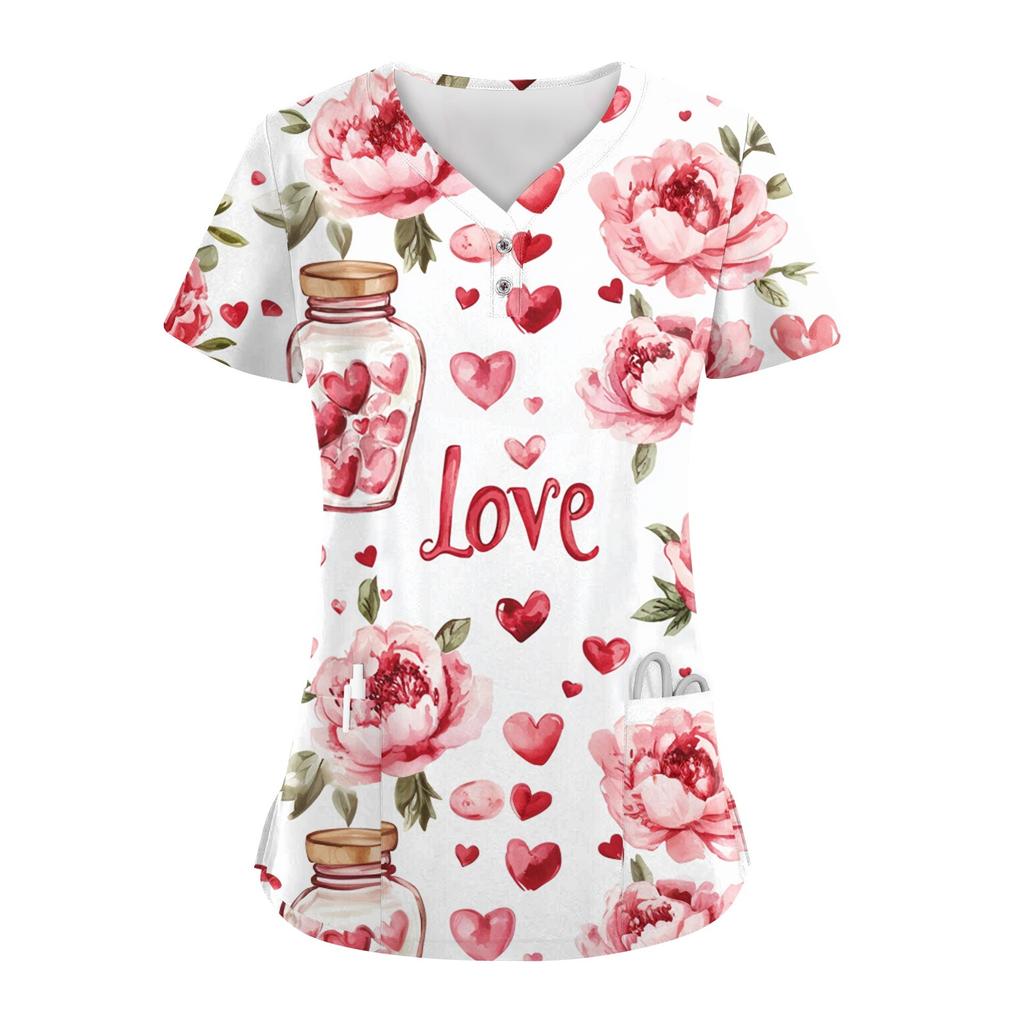 Женские модные повседневные топы с V-образным вырезом на пуговицах и принтом ко Дню святого Валентина, топы для кормящих мам, топы-халаты для женщин, 2 кармана