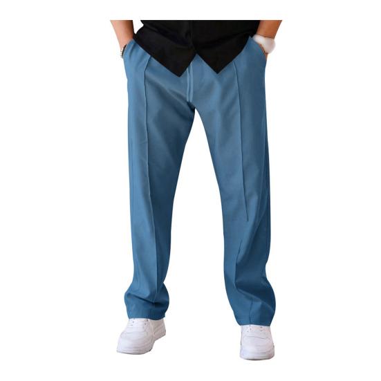 Men Straight Sweatpants Drawstring Elastic Waist Wide Leg Solid Color with Pockets