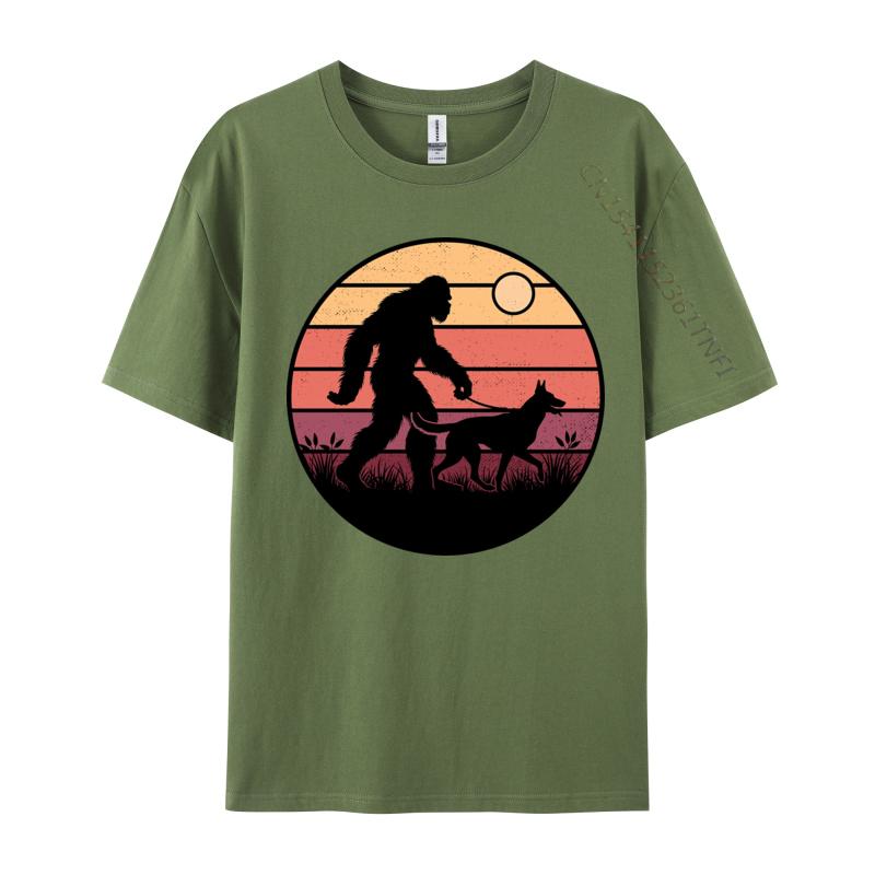 Bigfoot Walking Belgian Malinois Dog T Shirts Men Walking Cotton Tshirts Green And White Graphic T Shirt