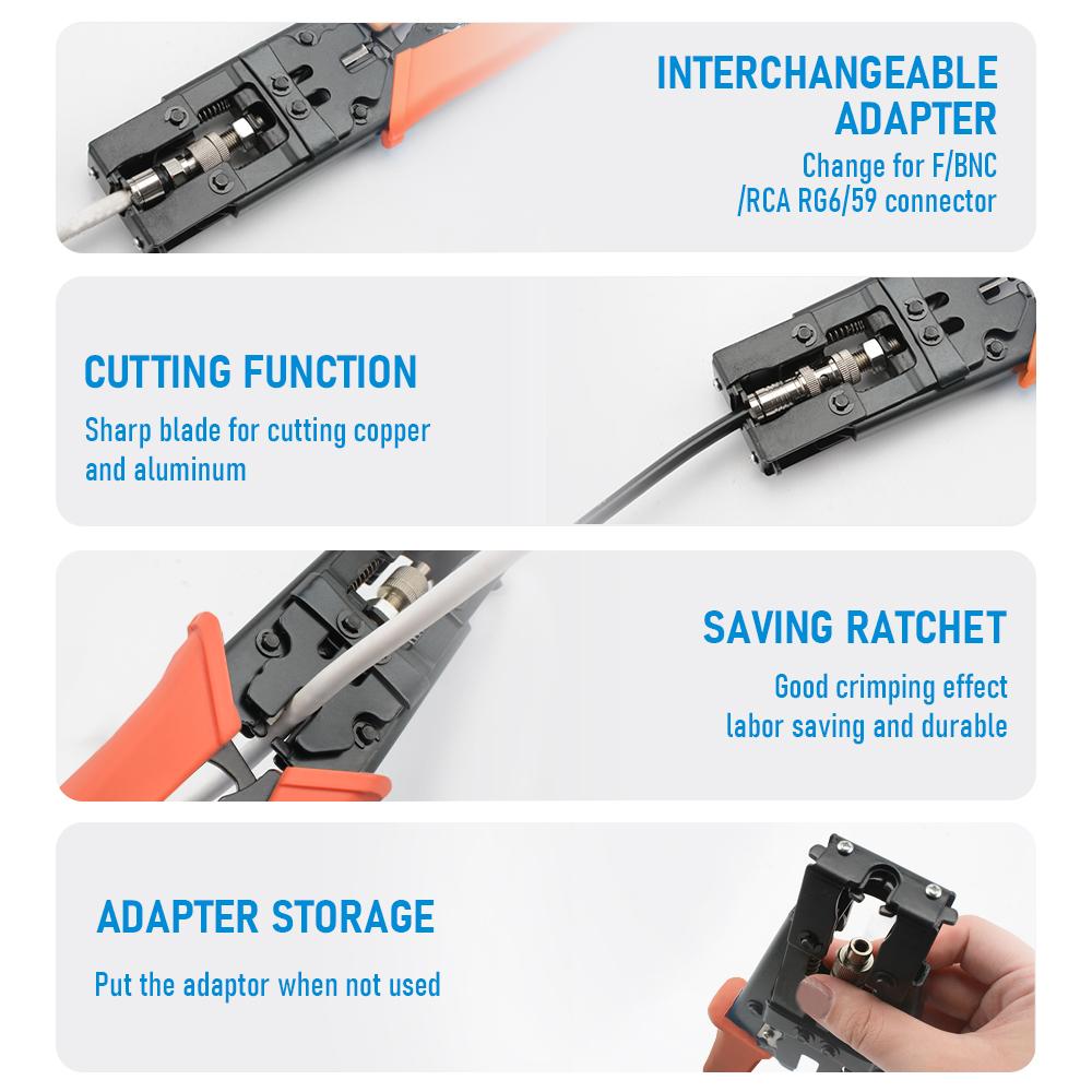 Coaxial Compression Crimper Tool Kit, RG6 RG58 RG59 Crimp Pliers for F BNC RCA Connectors with RG6 RG11 Cable Stripper