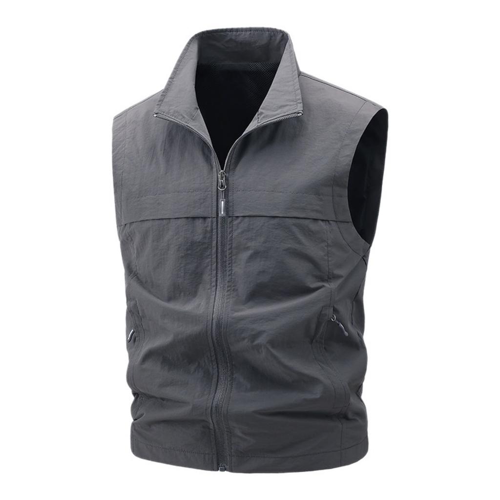 Spring Autumn Men Stand Collar Casual Vest Thin Breathable Quick Dry Sleeveless Multi Pocket Outdoor Photography Waistcoat